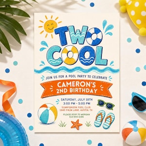 Two Cool Pool Party Birthday Invitation, Summer 2nd Boy Birthday Invite Editable Printable Canva Digital Invite DD656