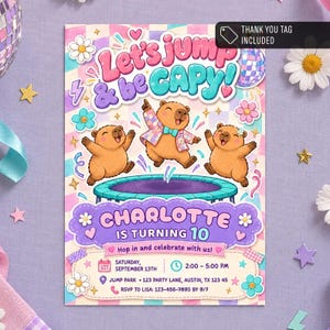 May include: A birthday party invitation featuring three cartoon capybaras jumping on a trampoline. The text reads Let's jump & be CAPY!, Charlotte is turning 10, Hop in and celebrate with us!, Saturday, September 13th, 2:00 - 5:00 PM, Jump Park, 123 Party Lane, Austin, TX 123 45, and RSVP to Lisa: 123-456-7890 by 9/7.