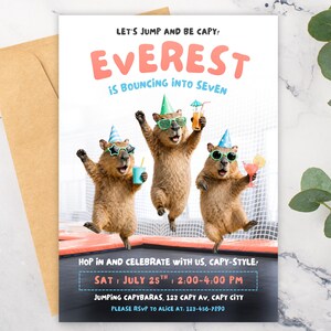 May include: Party invitation card with three capybaras jumping, wearing party hats and sunglasses, holding drinks. The text reads "Everest is bouncing into seven" and includes event details.