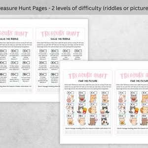 May include: White paper pages with pink text that read "Treasure Hunt". One page has riddles, the other has pictures. The pages are designed for a treasure hunt game. The text at the top reads "Treasure Hunt Pages - 2 levels of difficulty (riddles or pictures)".