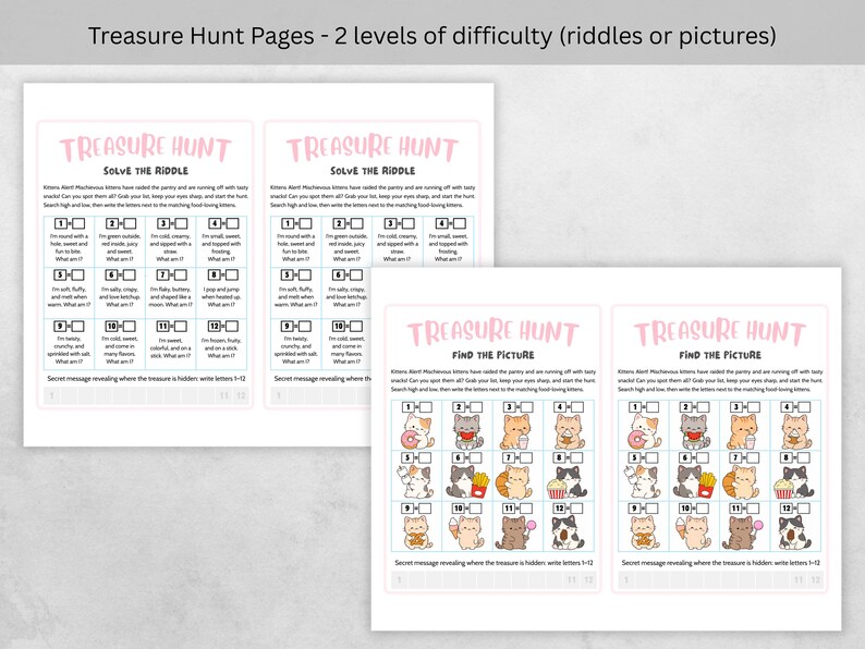 May include: White paper pages with pink text that read "Treasure Hunt". One page has riddles, the other has pictures. The pages are designed for a treasure hunt game. The text at the top reads "Treasure Hunt Pages - 2 levels of difficulty (riddles or pictures)".