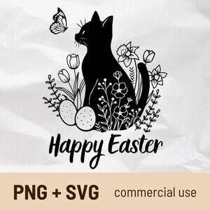 Joyeuses Pâques pour chats, papillons et chatons assis dans des fleurs de printemps Fichiers SVG et PNG, Silhouette de chat avec jonquilles et tulipes Svg, fichier PNG