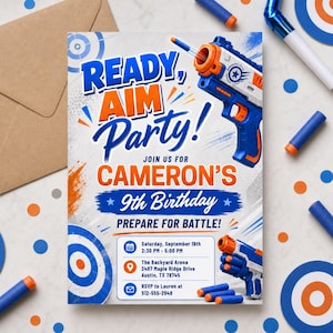 May include: A rectangular birthday party invitation featuring a blue and orange color scheme with toy foam dart blasters, target graphics, and the text Ready, Aim, Party! Join us for Cameron's 9th Birthday. Includes event details and RSVP info.