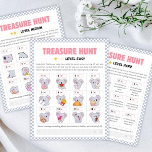 May include: Three printable "Treasure Hunt" activity sheets with koala bear illustrations. Each sheet has a different difficulty level: Easy, Medium, and Hard. The sheets include fill-in-the-blank clues and a secret message.