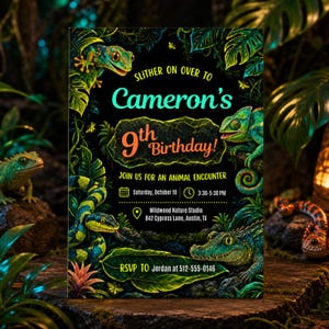 May include: A rectangular birthday invitation card featuring a dark jungle theme with a gecko, chameleon, snake, and crocodile. Text reads: Slither on over to Cameron's 9th Birthday! Join us for an animal encounter, Saturday, October 10, 3:30-5:30 PM, Wildwood Nature Studio, 842 Cypress Lane, Austin, TX. RSVP to Jordan at 512-555-0146.