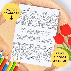 Tarjeta para colorear para el Día de la Madre para niños: tarjeta de felicitación imprimible de 5x7 para colorear, tarjeta para colorear para el Día de la Madre para niños con flores y corazones, bricolaje casero.