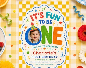 Primary Color First Birthday Invite, Fun To Be One Personalized Invite (Digital Download) PP653