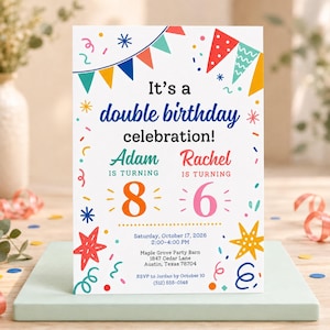 Puede incluir: Una tarjeta de invitación de cumpleaños blanca con banderines, confeti y estrellas de colores. El texto dice: It's a double birthday celebration! Adam is turning 8, Rachel is turning 6. Incluye fecha, hora, lugar y detalles de RSVP para el 17 de octubre.