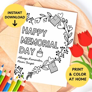 Cartão de colorir infantil do Memorial Day para imprimir, cartão de felicitações para colorir, cartão de colorir do Memorial Day, artesanato para creche, pré-escola, jardim de infância