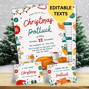 May include: A festive Christmas potluck invitation with editable text, featuring a holiday theme. The design includes illustrations of food, ornaments, and the text "Christmas Potluck". Two smaller cards read "A Very Merry Christmas" and "Count Me In for this year's Christmas Potluck".