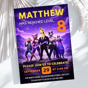 Può includere: Un invito a una festa con uno sfondo viola e blu con personaggi dei cartoni animati. Il testo "MATTHEW HAS REACHED LEVEL 8" è visualizzato in giallo. L'invito include la data, l'ora e le informazioni RSVP.