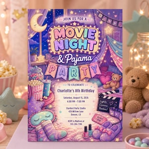 May include: A rectangular invitation for Charlotte's 8th birthday movie night and pajama party on August 15, 2026. The design features a purple and blue color palette with illustrations of popcorn, a teddy bear, slippers, and a sleep mask.