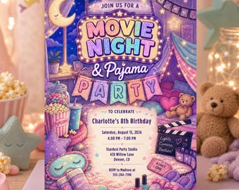 May include: A rectangular invitation for Charlotte's 8th birthday movie night and pyjama party on 15 August 2026. The design features a purple and blue colour palette with illustrations of popcorn, a teddy bear, slippers, and a sleep mask.