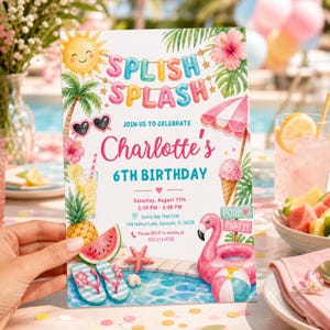 Inbjudan till tropisk poolfest för flickor, personlig inbjudan till akvarell Splash Splash-födelsedagsfest (digital nedladdning) PP609