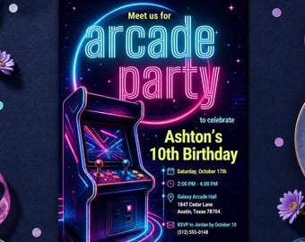 Invitación para fiesta de arcade con prisma neón, plantilla de Canva para cumpleaños con temática de juegos arcade (descarga digital) PP924