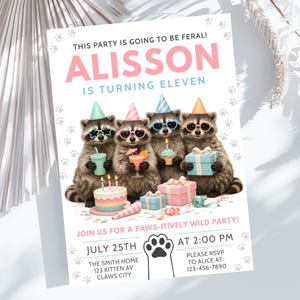 Invitación de cumpleaños de mapache 5x7, invitación personalizada de animales salvajes (descarga digital) PP450