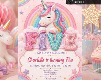 Könnte beinhalten: Eine rosa Geburtstagseinladungskarte mit einem weißen Einhorn mit silbernem Horn und Regenbogenmähne über dem Wort FIVE in Paillettenbuchstaben. Der Text lautet: Charlotte is turning Five, Saturday, July 18th, 2:00 PM - 5:00 PM.