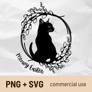 Joyeuses Pâques chaton assis dans une couronne de saule commun Fichiers SVG & PNG, Silhouette de chat printemps scène SVG, PNG, maman chat Moewy Pâques, amoureux des chats