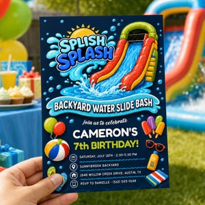 Splish Splash Backyard Waterslide Bash Neon Boy Birthday Invitation (Digital Download) PP816
