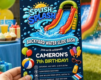Splish Splash Backyard Waterslide Bash Neon Boy Birthday Invitation (Digital Download) PP816