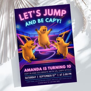 Convite de aniversário para menina com capivara pulando, convite personalizado para parque de trampolins (download digital) PP470