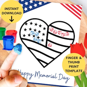 Happy Memorial Day Fingerprint Craft Template For Kids, Easy Activity Toddler Daycare, Preschool, Kindergarten Thumbprint Sheets, Finger Art