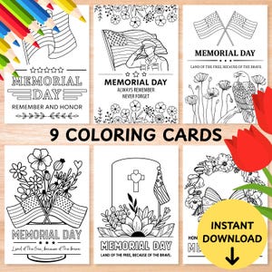 Pacote com 9 cartões comemorativos para o Memorial Day para colorir, cartões para colorir infantis para o Memorial Day em PDF para impressão, modelo de planilha para turma de creche e pré-escola