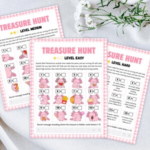 May include: Three pink and white Treasure Hunt game cards with axolotl illustrations. Each card has a different difficulty level: Medium, Easy, and Hard. The cards feature a pink gingham border and text.