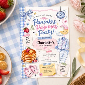 Invitación de cumpleaños con temática de panqueques y pijamas, invitación a brunch con lazo de cuadros azules (descarga digital) PP697