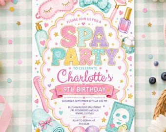 May include: A spa party invitation for Charlotte's 9th birthday featuring illustrations of a pink sleep mask, teal bow, facial roller, nail polish, comb, rolled towel, and face mask. Text includes date, time, location, and RSVP details.
