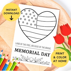 Cartão de colorir infantil do Memorial Day para imprimir, cartão de felicitações para colorir, cartão de colorir do Memorial Day, artesanato para creche, pré-escola, jardim de infância