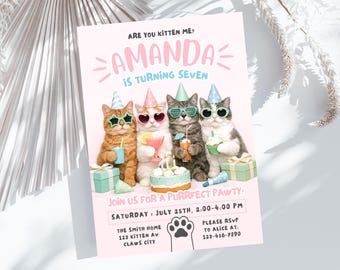 Kitten Cat Birthday Invitation Bundle, Editable Printable Canva Digital Invite