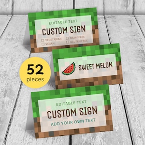 Etiquetas de comida para fiestas de Minecraft, carpas de comida editables para gamers (descarga digital)