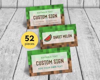 MineCrafter Party Food Labels, Editable Gamer Food Tents (Digital Download)