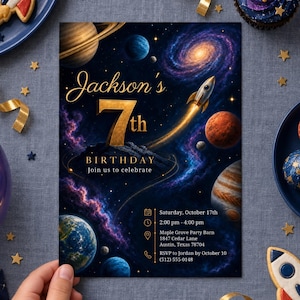 Outerspace 6-11th Birthday Invitation, Rocket Galaxy Printable Invitation, Canva Template (Digital Download) PP1008
