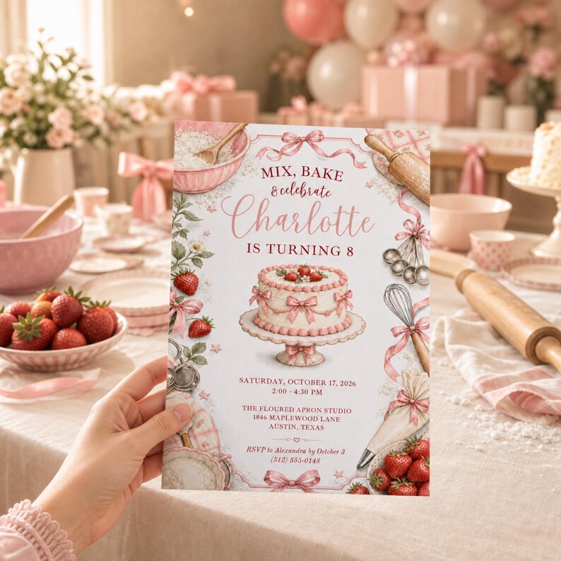 May include: A rectangular birthday invitation card featuring a central illustration of a tiered cake on a stand, surrounded by strawberries, baking tools, and pink ribbons. The text reads: Mix, bake & celebrate Charlotte is turning 8.