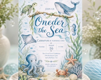Oneder the Sea First Birthday Invitation, Ocean Animals 1st B-day Invite (Digital Download) PP806