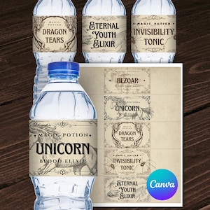 Könnte beinhalten: Wasserflaschen mit Etiketten mit der Aufschrift "Dragon Tears", "Eternal Youth Elixir" und "Invisibility Tonic". Ein Etikettenbogen zeigt "Unicorn Blood Elixir" und andere Zaubertrank-Etiketten. Die Etiketten haben ein Vintage-Design.