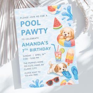 Invito di compleanno a tema cuccioli in piscina, invito personalizzato per bambine con simpatici cuccioli (download digitale) PP529