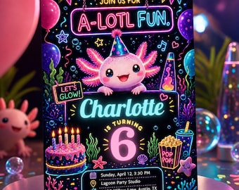 Axolotl Birthday Invitation, Neon Glow Axolotl Personalized Party Invite (Digital Download) PP668