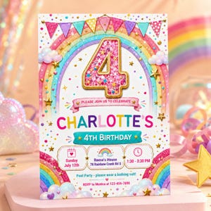Könnte beinhalten: Eine rechteckige Geburtstagseinladungskarte mit einer großen, rosa glitzernden Zahl 4, einem bunten Regenbogen, goldenen Sternen und Wimpelketten. Der Text lautet Charlotte's 4th Birthday, Sunday July 12th, Reese's House 78 Rainbow Creek Rd S, 1:30-3:30 PM.