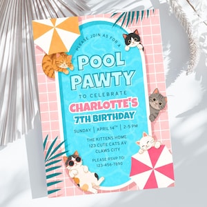 Invitación de cumpleaños con temática de gatos en la piscina, 5x7 pulgadas, invitación personalizada con gatitos kawaii en la piscina (descarga digital) PP527