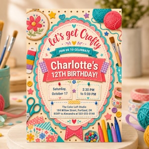 Invitación de cumpleaños para niña con temática de manualidades, linda invitación para fiesta de manualidades (descarga digital) PP761