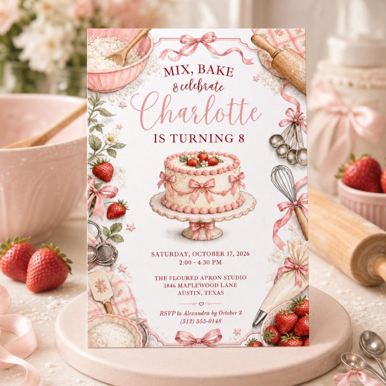 May include: A rectangular birthday invitation card featuring a central illustration of a pink frosted cake on a stand, surrounded by baking tools, strawberries, and ribbons. The text reads: MIX, BAKE & celebrate Charlotte IS TURNING 8, SATURDAY, OCTOBER 17, 2026, 2:00 - 4:30 PM, THE FLOURED APRON STUDIO, 1846 MAPLEWOOD LANE, AUSTIN, TEXAS, RSVP to Alexandra by October 3 (512) 555-0148.
