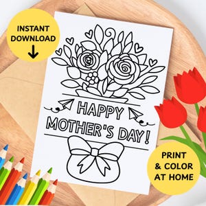 Tarjeta para colorear del Día de la Madre para niños, tarjeta de felicitación de 5x7 para colorear, tarjeta para colorear del Día de la Madre para niños con lazo y corazones, bricolaje casero.