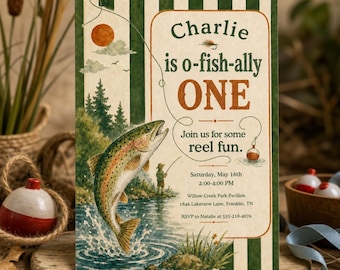 Ofishally One Fishing Birthday Retro Invitation, Reel Fun 1st Birthday Party Personalized Invite (Digital Download) PP616