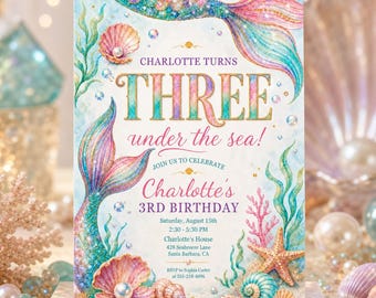 Mermaid 3rd Birthday Invite, Watercolor Ocean Girl Party Editable Printable Canva Digital Invite DD742