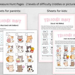 May include: Pink printable treasure hunt pages with the text "Treasure Hunt" and instructions for parents and kids. The sheets feature cute cartoon kittens and riddles to solve. The pages are designed for two levels of difficulty.