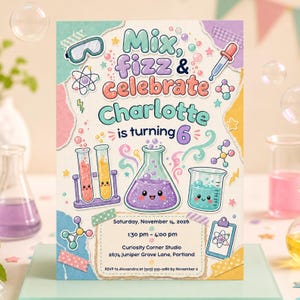 Girls Science Lab Birthday Invitation, Kawaii Mix Fizz Pastel Party Invite (Digital Download) PP865