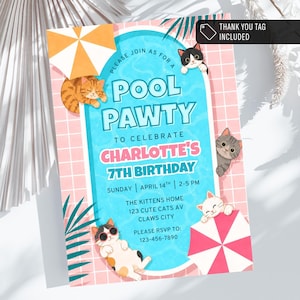 Puede incluir: Una tarjeta de invitación de cumpleaños rectangular con un gráfico de piscina azul, bordes de azulejos rosas e ilustraciones de cinco gatos. El texto dice: PLEASE JOIN AS FOR A POOL PAWTY TO CELEBRATE CHARLOTTE'S 7TH BIRTHDAY, SUNDAY APRIL 14TH, 2-5 PM.